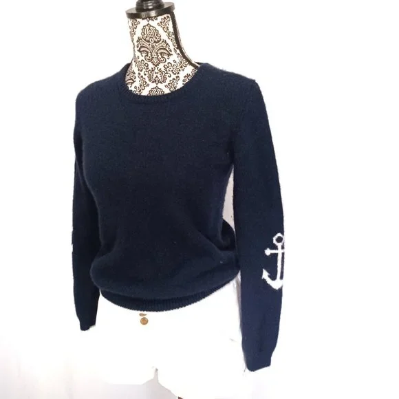 PULL OVER SWEATER ANCHORS On Long Sleeves Navy Blue Soft Plush Knit S - Picture 2 of 5
